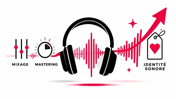 Illustration minimaliste du mixage et du mastering audio transformant une onde sonore en identité sonore forte, renforçant l’émotion et l’impact marketing des bandes son de marque