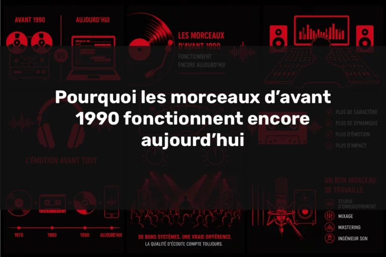 Illustration minimaliste rouge sur fond noir montrant l’évolution du son avant 1990 et aujourd’hui, avec studio d’enregistrement, mixage, mastering et ingénieur du son, illustrant pourquoi les morceaux anciens restent intemporels.