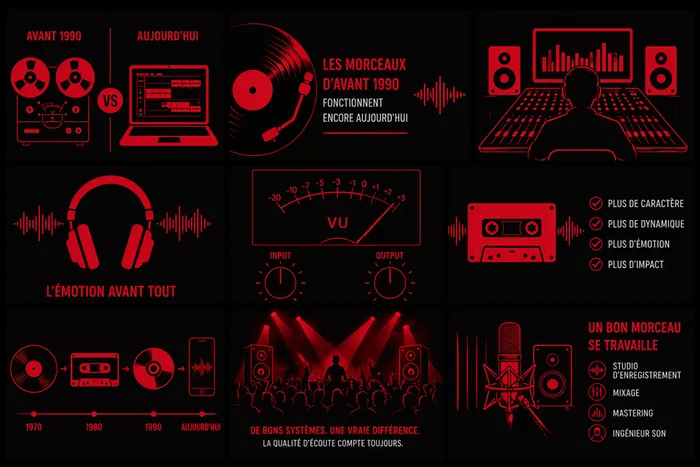 Illustration minimaliste rouge sur fond noir comparant musique avant 1990 et aujourd’hui, avec analogique, dynamique audio, studio d’enregistrement, mixage, mastering et ingénieur du son pour expliquer l’impact et l’émotion des morceaux anciens.