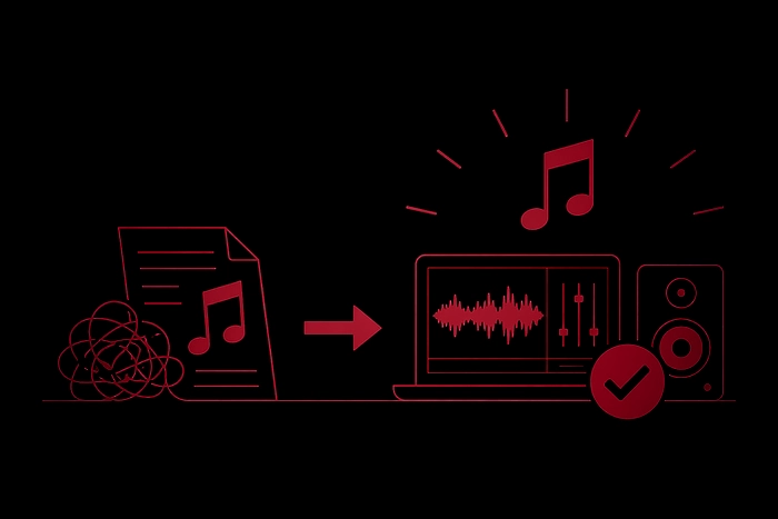 Illustration minimaliste de projets musicaux passant d’une idée désorganisée à une production finalisée en studio d’enregistrement professionnel