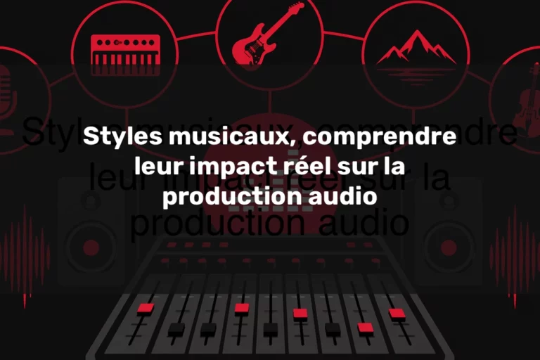 illustration minimaliste des styles musicaux influençant le mixage et le mastering en production audio professionnelle avec console et icônes de genres musicaux