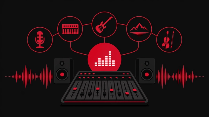 illustration minimaliste des styles musicaux connectés à une console de mixage montrant l’impact sur le mixage et le mastering en studio d’enregistrement