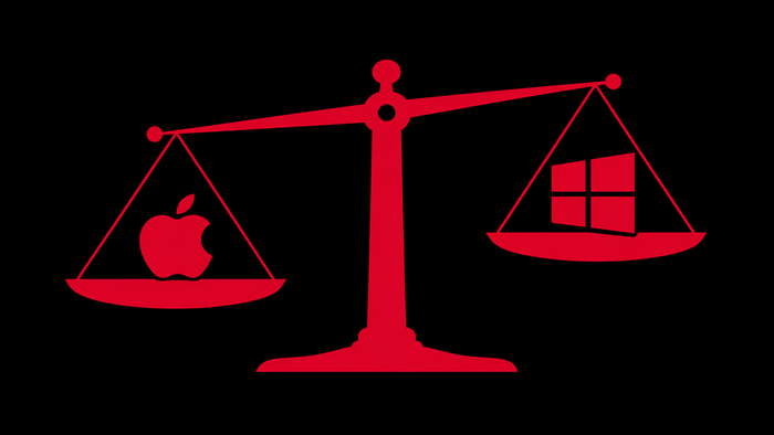 Illustration minimaliste d'une balance entre Apple et Windows pour représenter Windows ou macOS en 2026 pour la musique, avec un avantage visuel pour macOS sur la stabilité, la production musicale et le travail en studio d'enregistrement.
