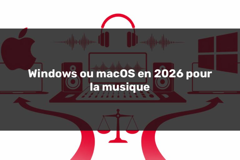 Illustration minimaliste Windows ou macOS en 2026 pour la musique, avec station audio centrale, symboles Apple et Windows, pour évoquer la stabilité, la production musicale, le mixage et le mastering en studio d'enregistrement.
