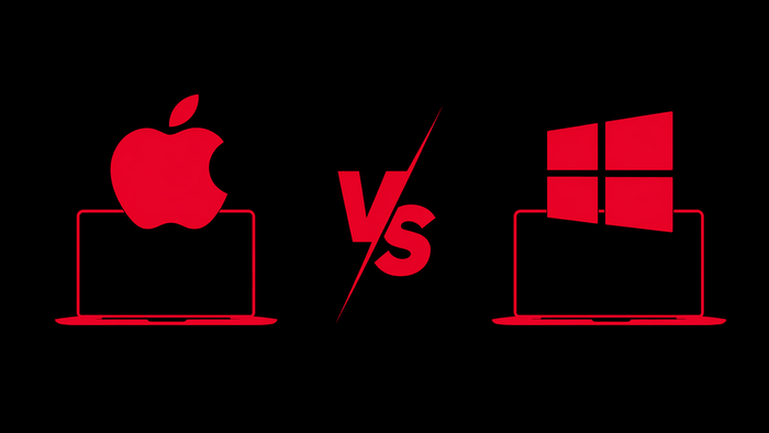 Illustration minimaliste comparant Apple et Windows sur ordinateur pour évoquer Windows ou macOS en 2026 pour la musique, entre stabilité, performance, production audio et choix d'une station de travail en studio d'enregistrement.