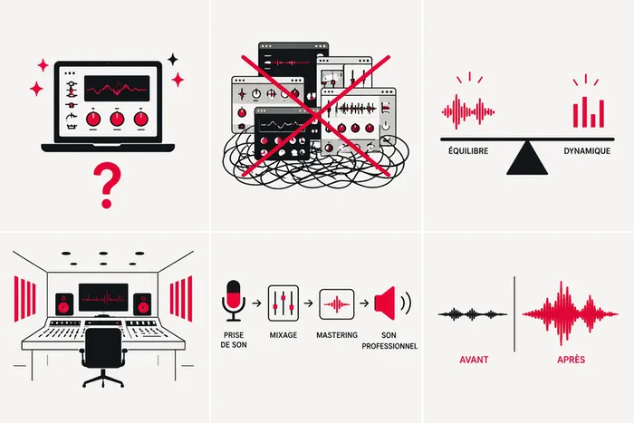 Plugin mixage magique audio illustration minimaliste montrant l’accumulation de plugins inefficaces face à un mixage structuré avec équilibre dynamique et résultat avant après