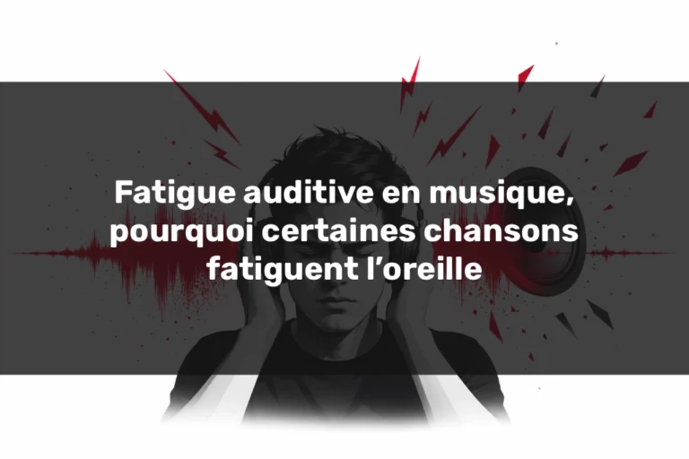 Fatigue auditive en musique avec casque, onde sonore agressive et tension d’écoute
