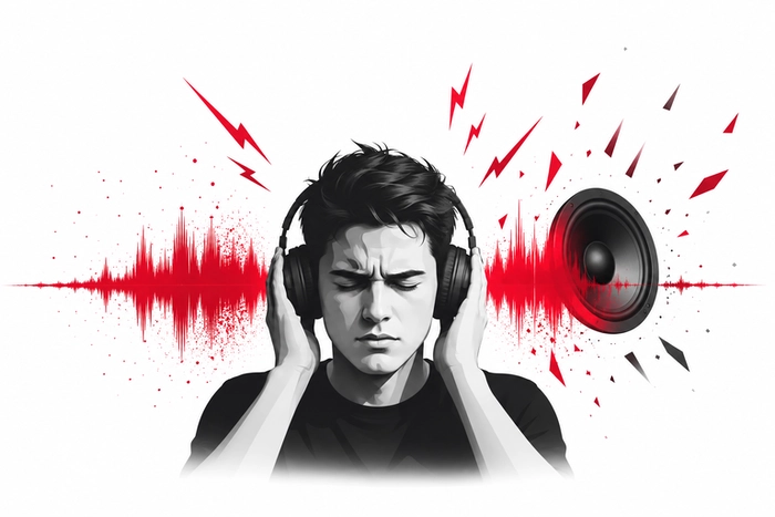 Fatigue auditive en musique illustrée par une onde rouge et une écoute sous pression
