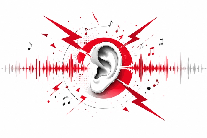 Fatigue auditive en musique avec oreille, onde rouge agressive et tension sonore