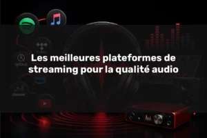 Illustration des meilleures plateformes de streaming pour la qualité audio avec casque, onde sonore, logos Spotify, Apple Music, TIDAL, Qobuz, Deezer, YouTube Music et équipement audio professionnel.