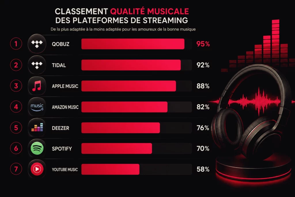 Graphique comparatif des plateformes de streaming pour la qualité audio avec classement Qobuz, TIDAL, Apple Music, Amazon Music, Deezer, Spotify et YouTube Music.