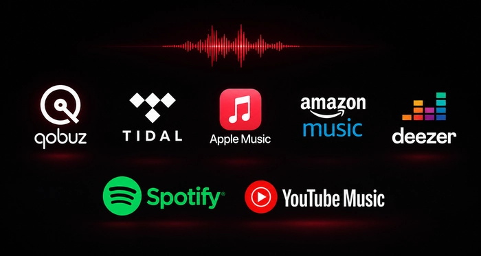 Logos Qobuz, TIDAL, Apple Music, Amazon Music, Deezer, Spotify et YouTube Music avec onde sonore rouge pour comparer les plateformes de streaming pour la qualité audio.