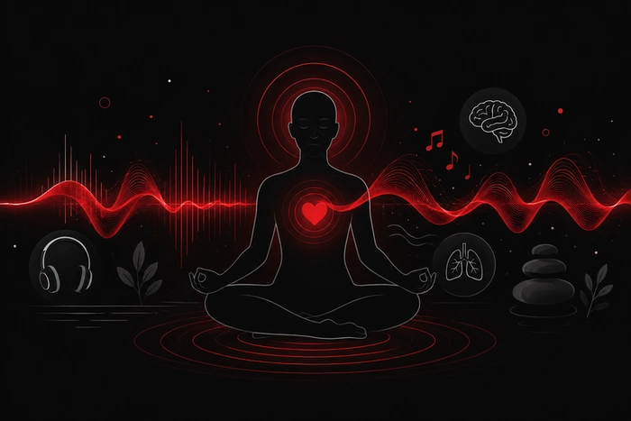 Illustration sur la musicothérapie et bien-être avec une silhouette méditative traversée par des ondes sonores rouges, symbolisant l’impact physique du son sur le corps, la respiration, l’esprit et l’équilibre émotionnel.