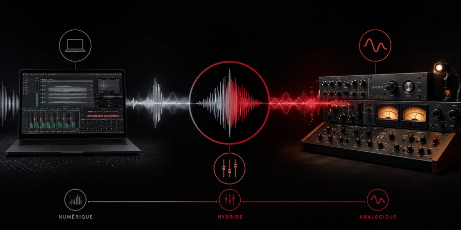 Production musicale numérique analogique hybride entre ordinateur, onde sonore et matériel analogique.