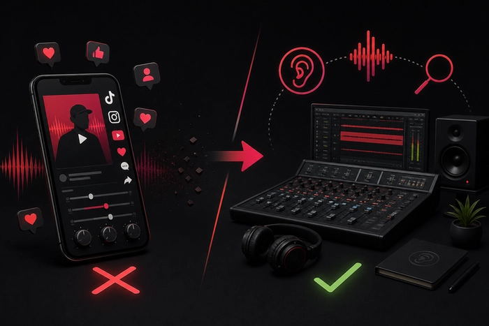 Illustration des recettes audio toutes faites sur les réseaux sociaux, opposées à un vrai travail d’écoute, de mixage et d’adaptation en studio d’enregistrement.