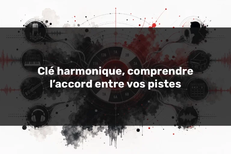 Illustration abstraite d’une clé harmonique reliant voix, basse, piano et ondes sonores autour d’une roue musicale.