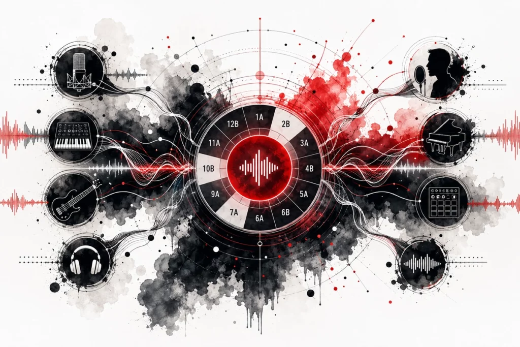 Visuel abstrait représentant l’harmonie entre plusieurs pistes audio autour d’une roue de Camelot.