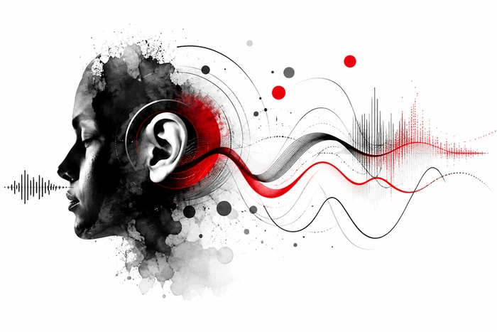 Courbe Fletcher et Munson illustrée par une oreille humaine et des ondes sonores abstraites en rouge et noir.