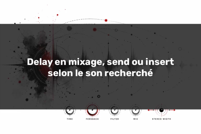 Delay en mixage avec onde sonore, répétitions visuelles et contrôles time, feedback, filter et mix.