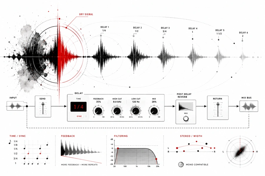 Delay en mixage avec signal dry, répétitions synchronisées, feedback, filtrage et routing send vers reverb.