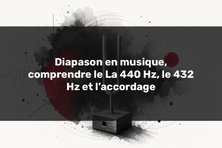 Diapason en musique avec ondes sonores abstraites et cercles de fréquence en noir, gris et rouge.