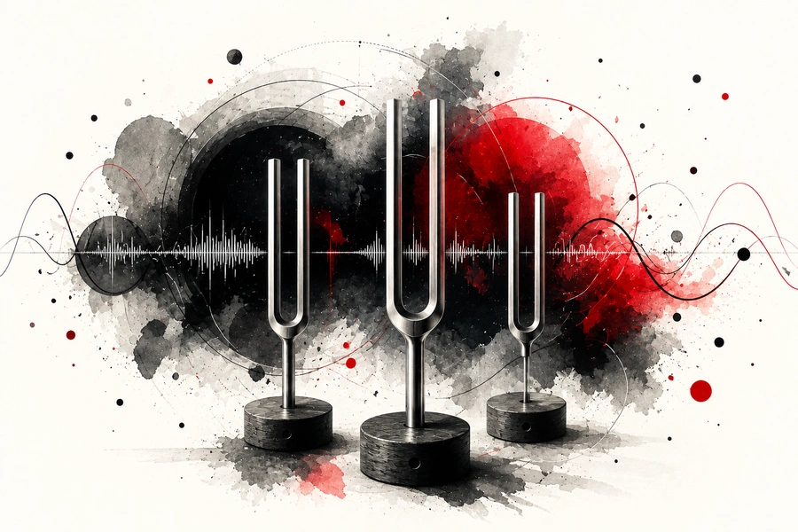 Diapason en musique représenté par trois diapasons, des ondes sonores et des cercles abstraits.