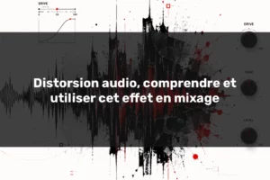 Distorsion audio illustrée par une onde sonore déformée avec éclats rouges et textures abstraites.
