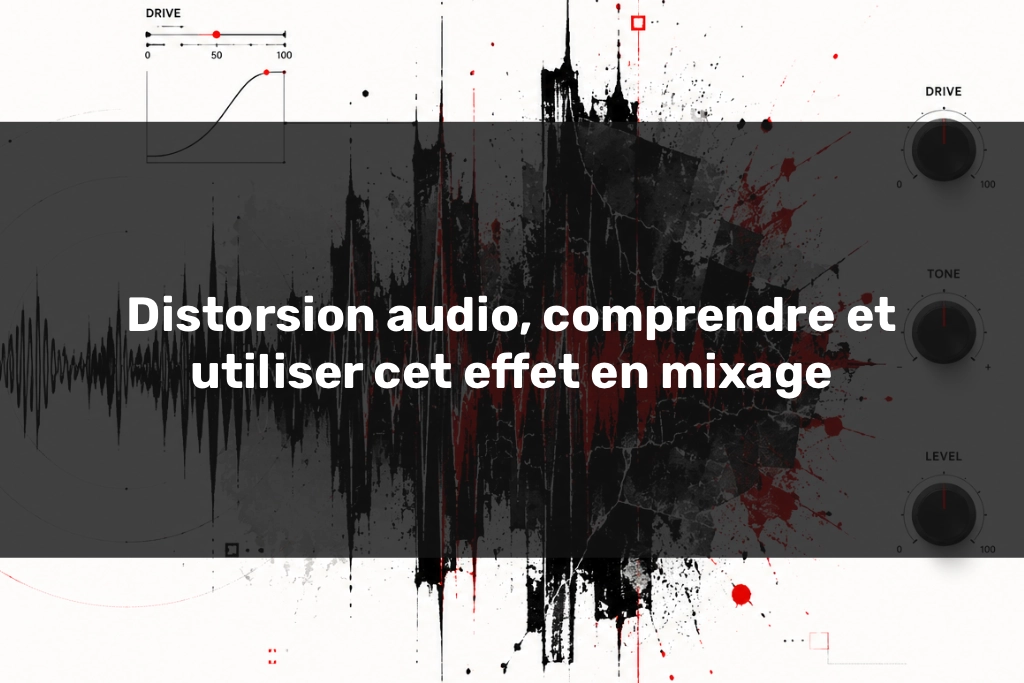 distorsion audio Distorsion audio illustrée par une onde sonore déformée avec éclats rouges et textures abstraites.