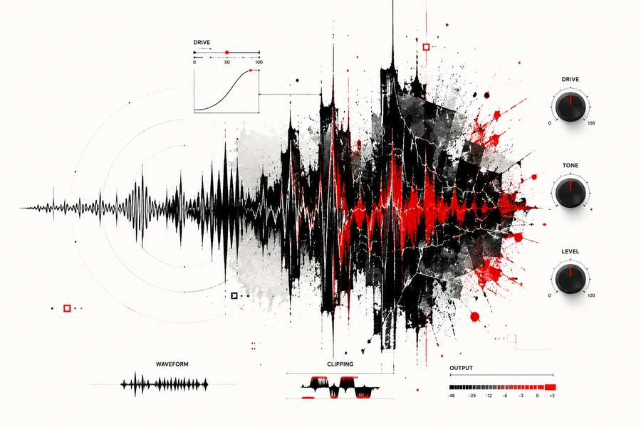 Distorsion audio Distorsion audio illustrée par une onde technique avec clipping, réglages drive et éclats rouges.