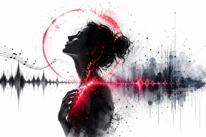 Frisson psychogène en musique représenté par une silhouette sensible, des ondes sonores et une énergie rouge.