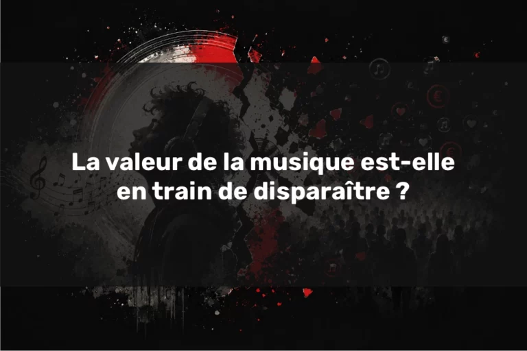 La valeur de la musique illustrée par une silhouette au casque, des fragments sonores et des symboles numériques sur fond sombre.