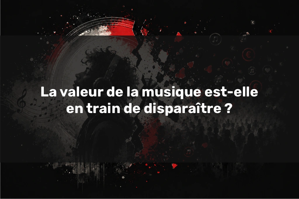 La valeur de la musique La valeur de la musique illustrée par une silhouette au casque, des fragments sonores et des symboles numériques sur fond sombre.