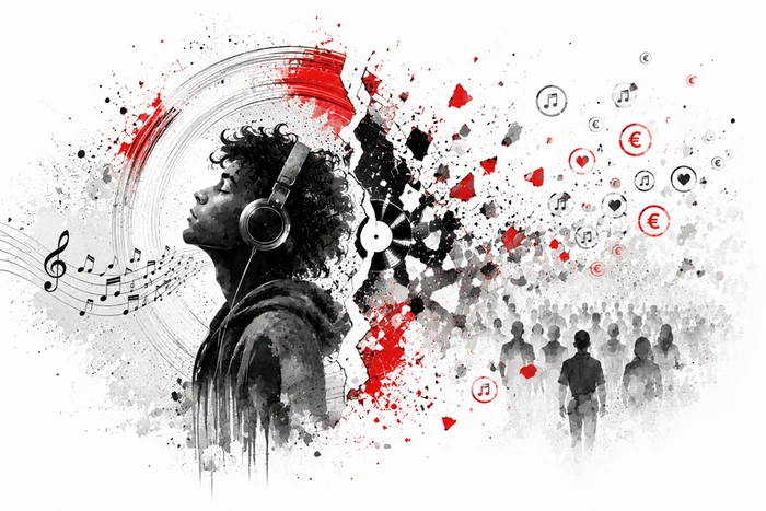 La valeur de la musique représentée par une silhouette au casque, un disque fragmenté et une foule qui écoute sans voir le travail derrière le son.