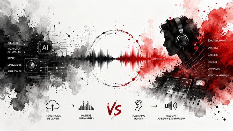Comparatif Mastering automatisé face au mastering humain Comparatif Mastering automatisé face au mastering humain, une onde sonore entre algorithme et émotion musicale.