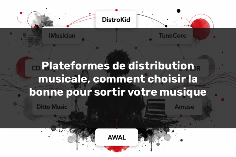 Plateformes de distribution musicale reliées à un artiste en studio avec lignes sonores rouges et noires.