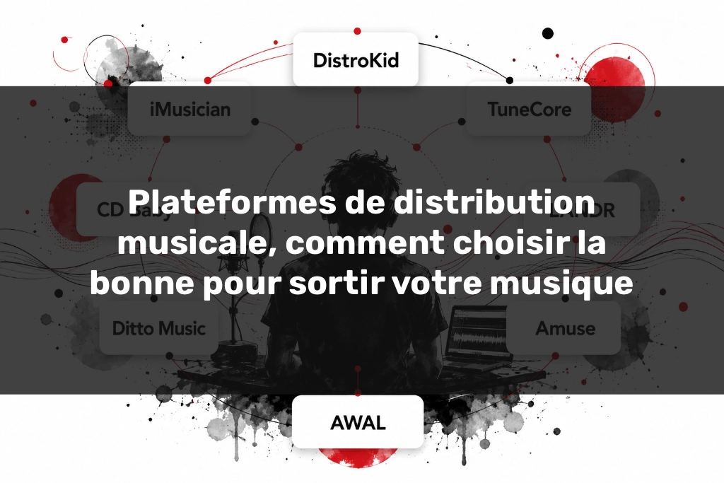 Plateformes de distribution musicale reliées à un artiste en studio avec lignes sonores rouges et noires.