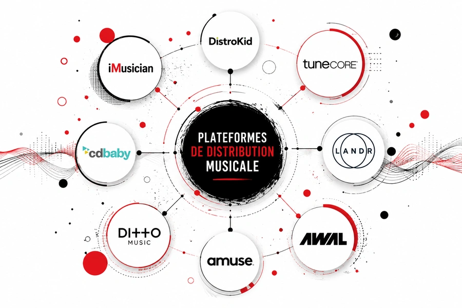 Plateformes de distribution musicale reliées par des lignes sonores rouges et noires sur fond blanc.