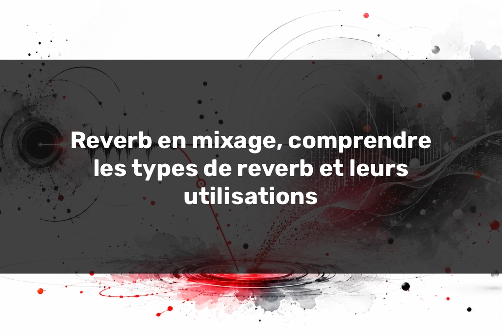 Reverb en mixage avec signal en send, ondes rouges et espace sonore abstrait.