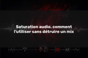 Saturation audio en send avec signal traité, onde rouge et texture harmonique sur fond noir.