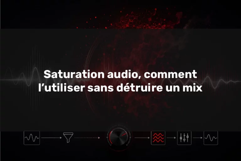 Saturation audio en send avec signal traité, onde rouge et texture harmonique sur fond noir.