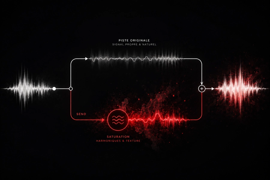 Saturation audio en send avec piste originale propre, traitement parallèle rouge et mélange final contrôlé.