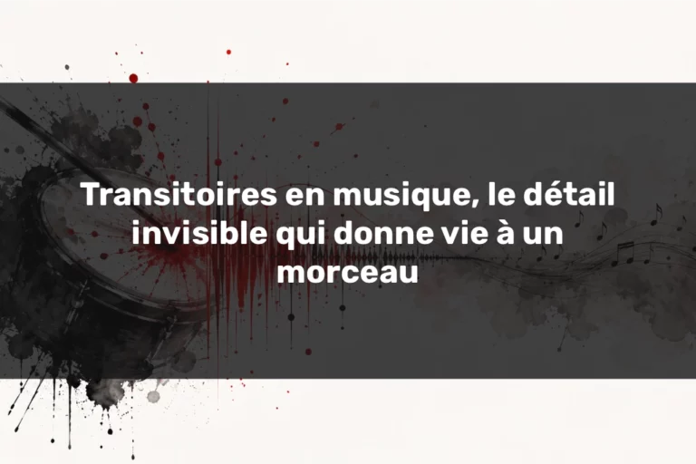 Transitoires en musique illustrées par une onde rouge, une frappe de batterie et un flux sonore abstrait.