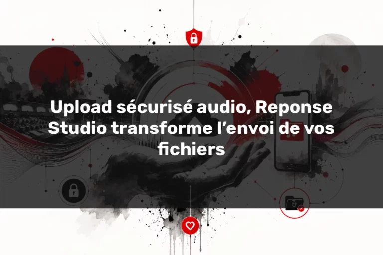 Upload sécurisé audio Reponse Studio avec fichiers musicaux protégés, espace client mobile et suivi de projet.