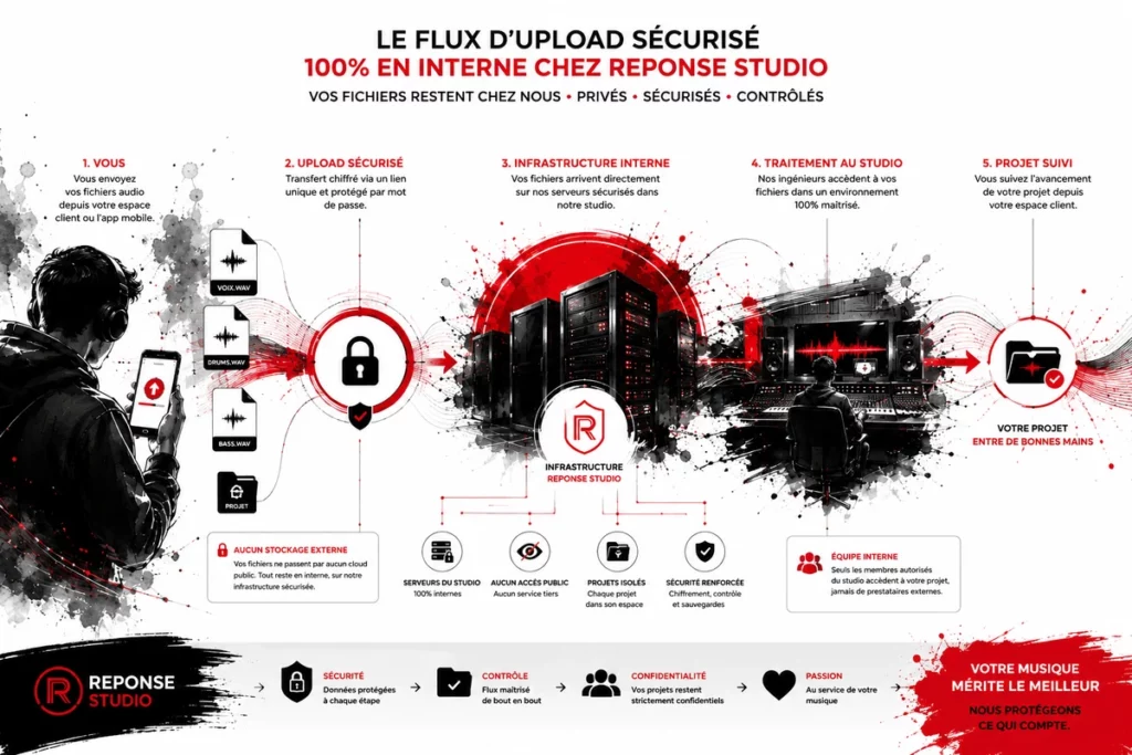 Flux d’upload sécurisé audio Reponse Studio avec fichiers internes, accès protégé et suivi projet.