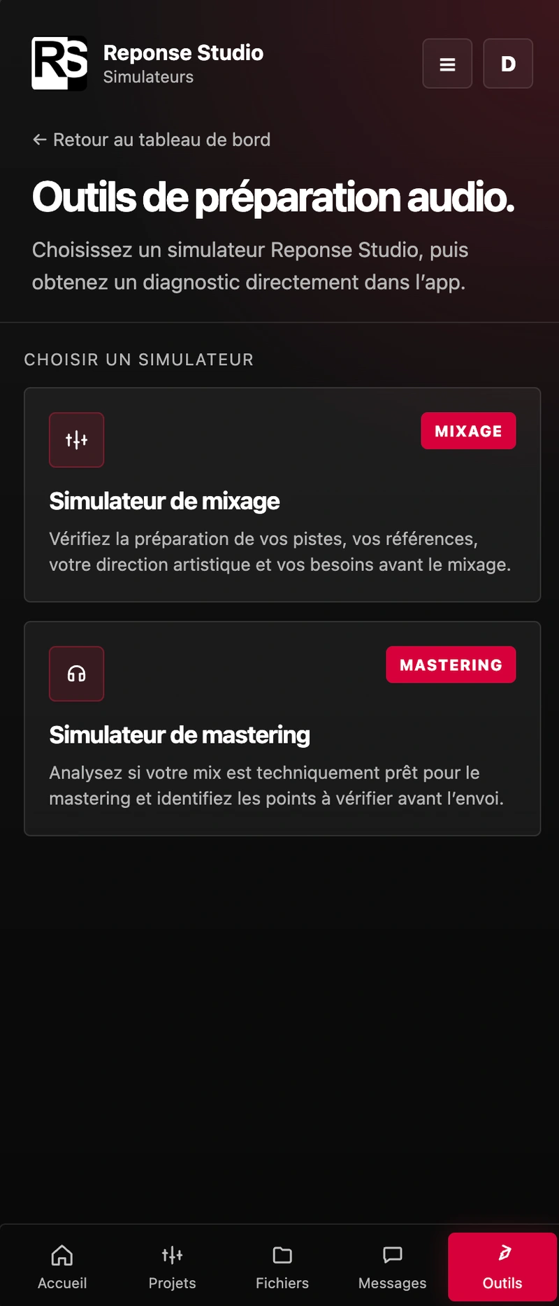 Outils de préparation audio Reponse Studio avec simulateurs de mixage et mastering dans l'Application mobile