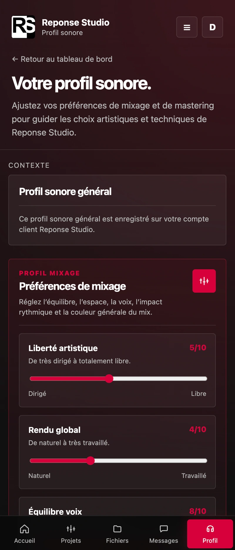 Application mobile avec profil sonore pour régler ses préférences de mixage et mastering