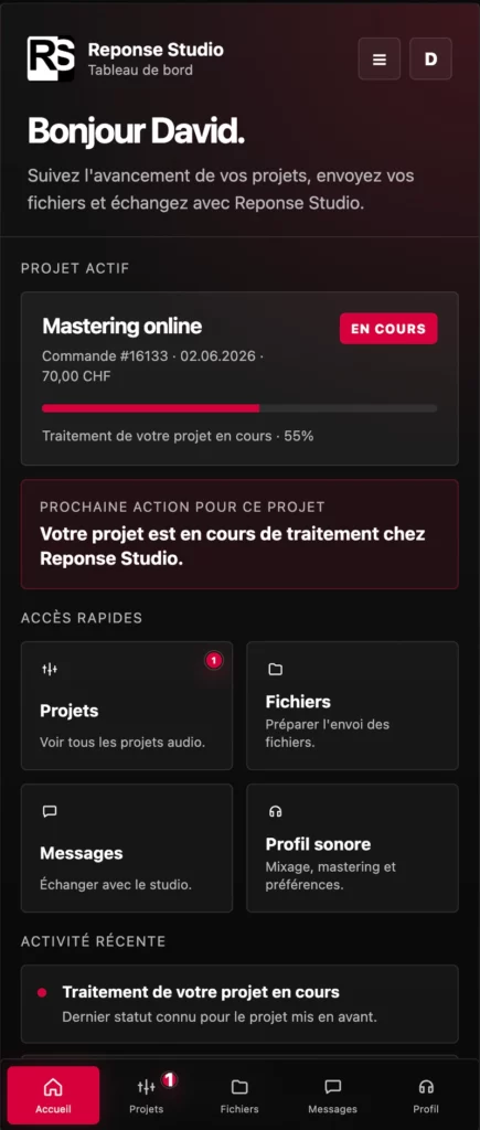 Tableau de bord Application mobile Reponse Studio Tableau de bord Application mobile Reponse Studio avec suivi de projet, fichiers, messages et profil sonore