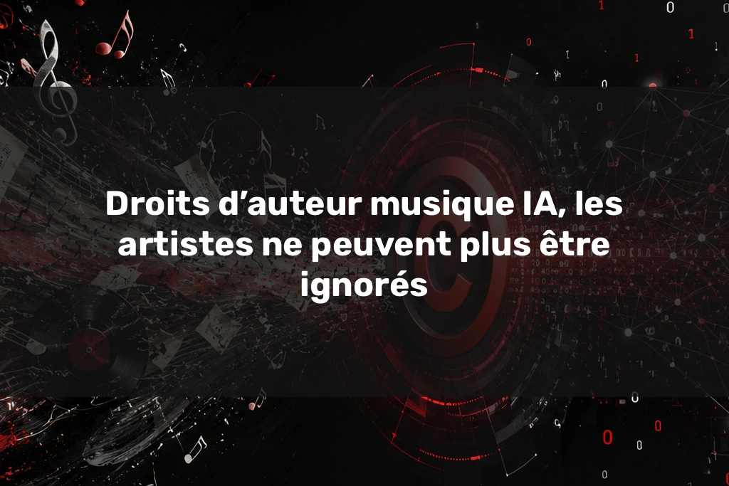 Droits d’auteur musique IA Droits d’auteur musique IA représentés par des œuvres musicales absorbées par un réseau algorithmique.