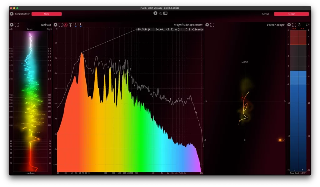 Vue Horizon de FLUX MiRA pour le contrôle du spectre et de l’image stéréo en mastering