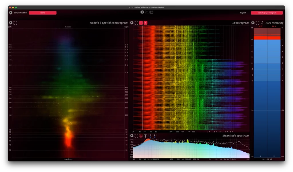 FLUX MiRA affichant le spectrogramme Nebula pour l’analyse audio du mixage FLUX MiRA affichant le spectrogramme Nebula pour l’analyse audio du mixage